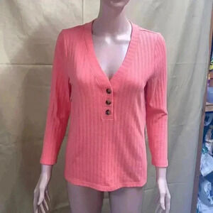 Sanctuary pink/salmon color deep v partial button shirt womens size Medium